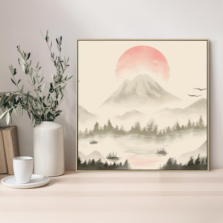 Obraz w ramie 50x50 - Przyroda Japonii - japońska akwarela, góry - rama drewno