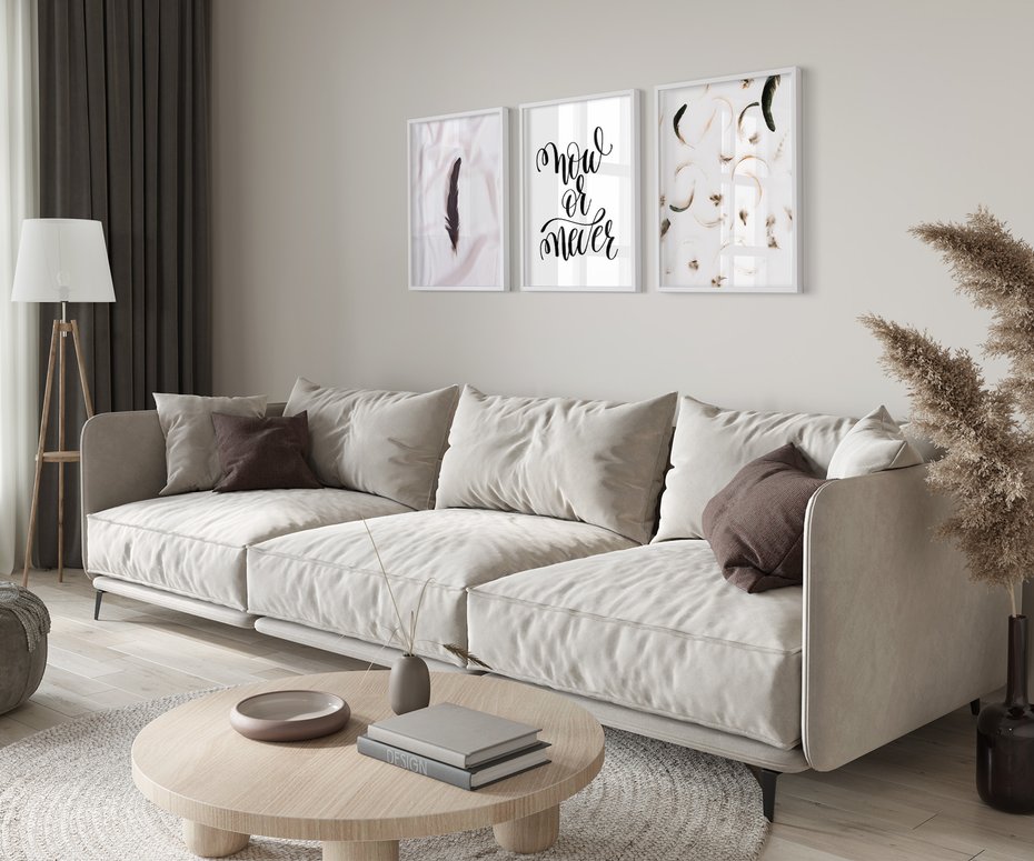 Zestaw obrazy w ramie 50x70 galeria - Cytat, motywacyjny, pióra, boho - rama biała