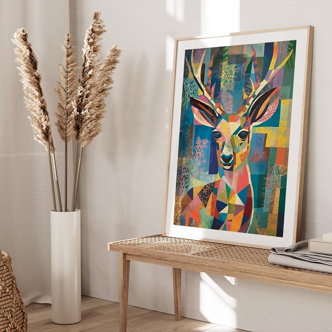 Plakat w ramie 40x50 - Bezgraniczne Kontury Zaskoczenia - abstrakcyjny obraz olejny, jeleń - rama drewno
