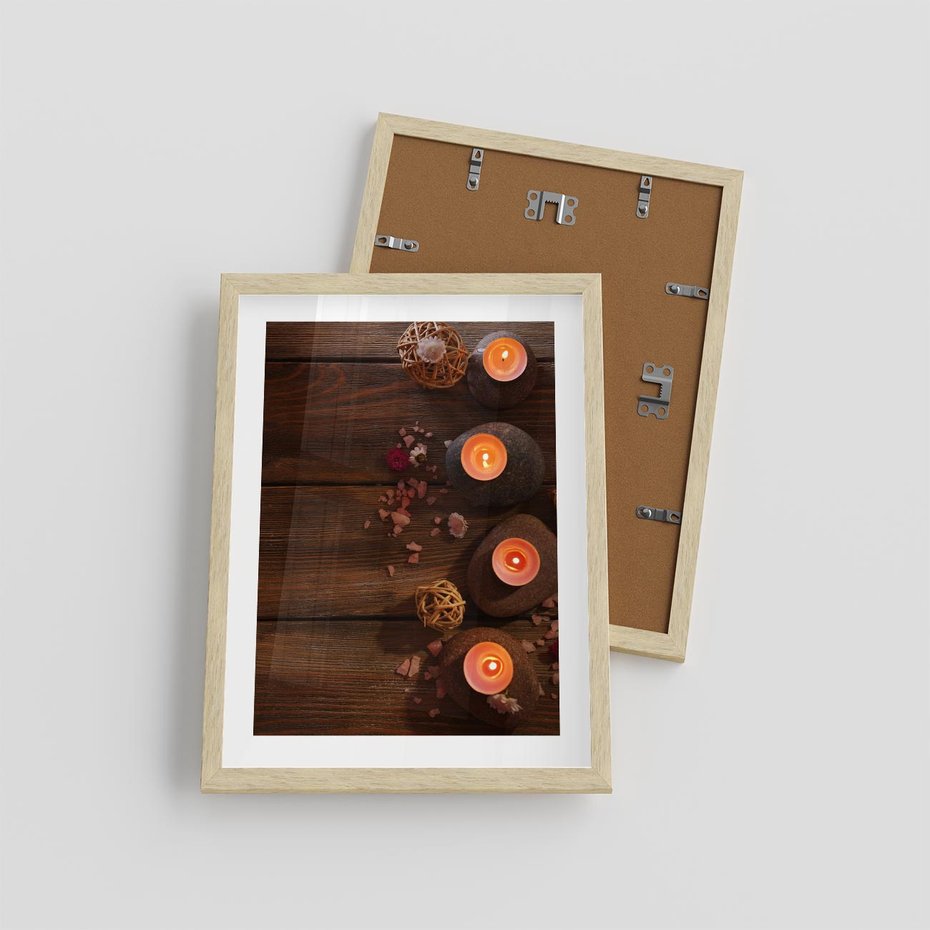Plakat w ramie 30x40 - Relaksujące spa z pochodniami - spa, świece - rama drewno