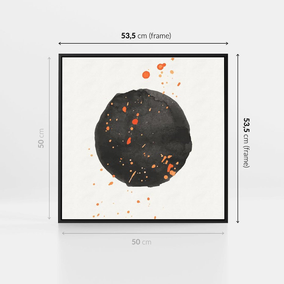 Obraz w ramie 50x50 - Wibracje Kolorów - abstrakcyjna czarna plama, rozsiane pomarańczowe kropki - rama czarna