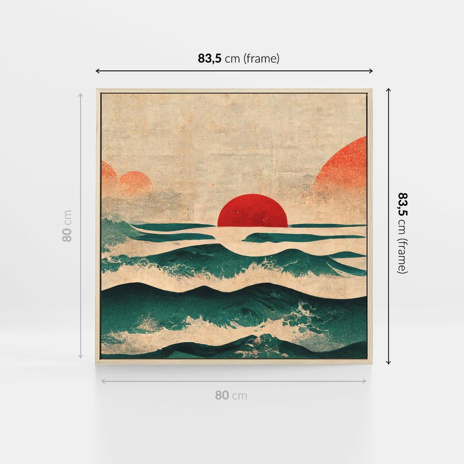 Obraz w ramie 80x80 - Czerwone Melodie - japońska sztuka, zachód słońca nad oceanem - rama drewno