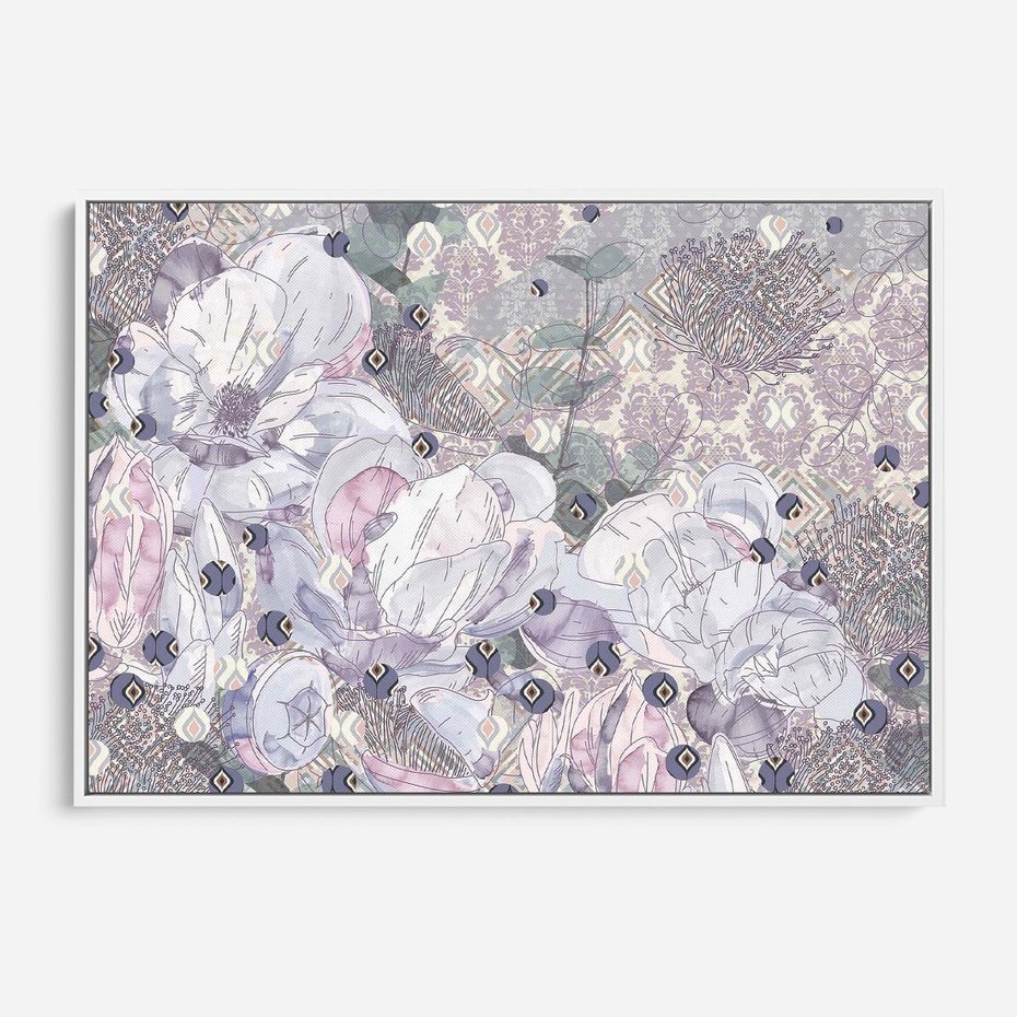 Obraz w ramie 120x80 - Malowane oddechy istnienia - pomieszane tekstury, kwiatowe elementy - rama biała