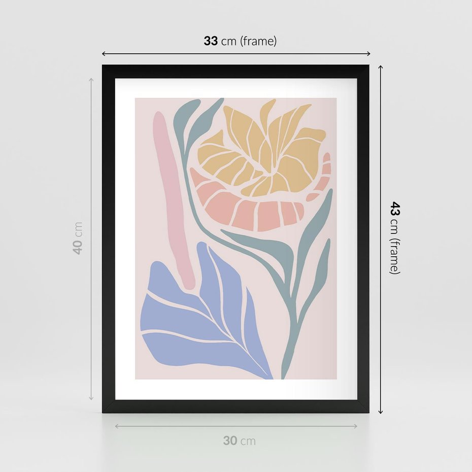 Plakat w ramie 30x40 - Wyjątkowe Ukojenie - pastelowe kwiaty, na beżowym tle - rama czarna