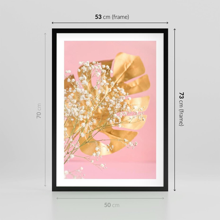Plakat w ramie 50x70 - : Elegancja w Złocie - złote, liście - rama czarna