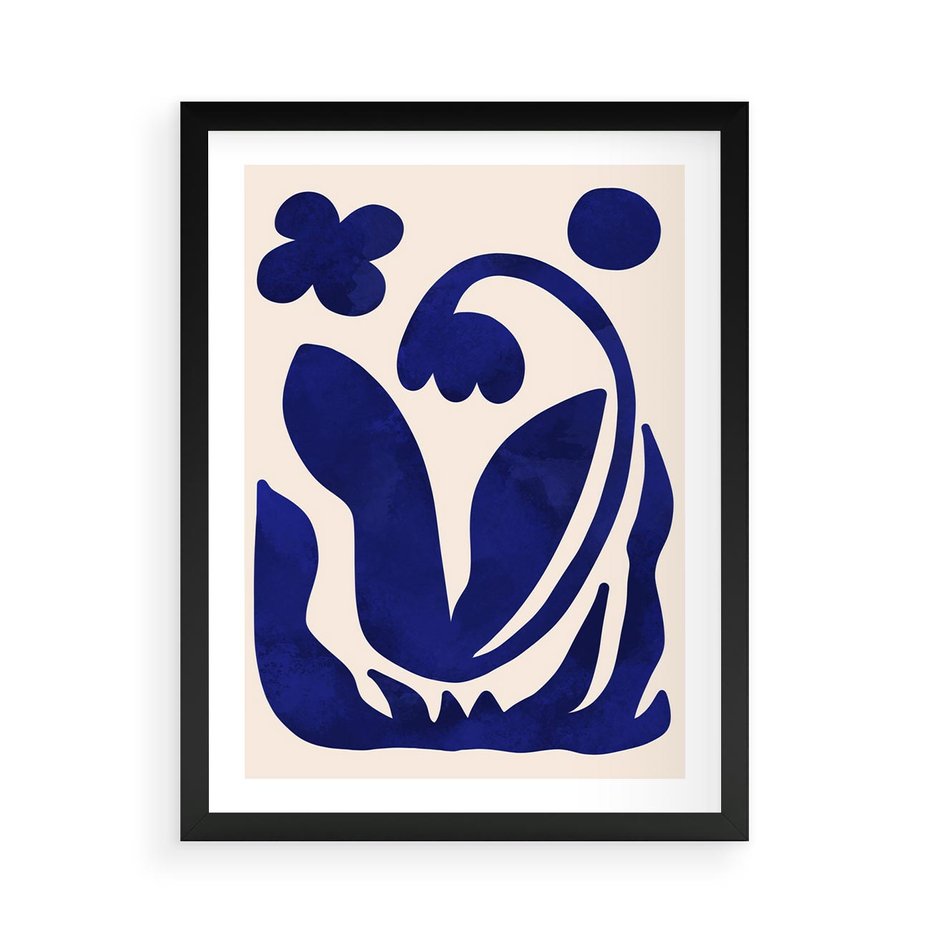 Plakat w ramie 50x70 - Bezgraniczne Echa Serca - abstrakcyjny obraz plakat, dziwne niebieskie kształty przypominają kwiat - rama czarna