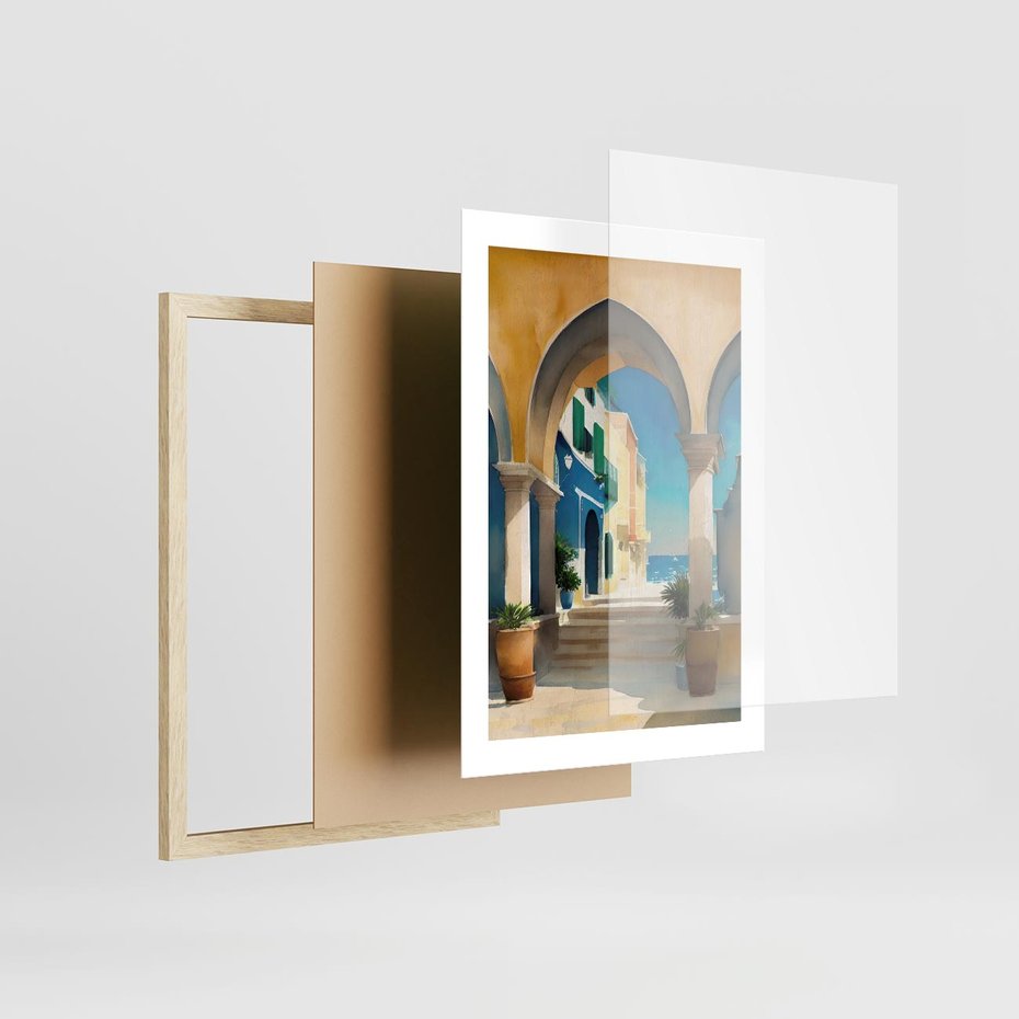 Plakat w ramie 30x40 - Nadmorskie Łuki - akwarela, śródziemnomorski klimat - rama drewno