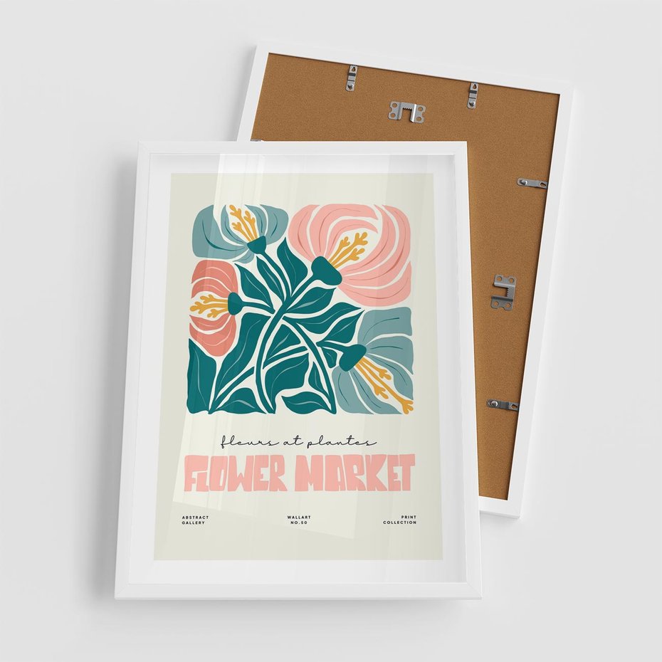 Plakat w ramie 50x70 - Taniec Kształtów - kwiaty, abstrakcyjna kompozycja - rama biała