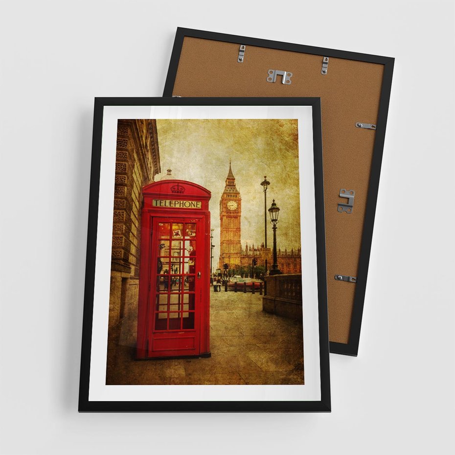 Plakat w ramie 50x70 - Ikoniczna budka telefoniczna w Londynie - sepia, budka - rama czarna