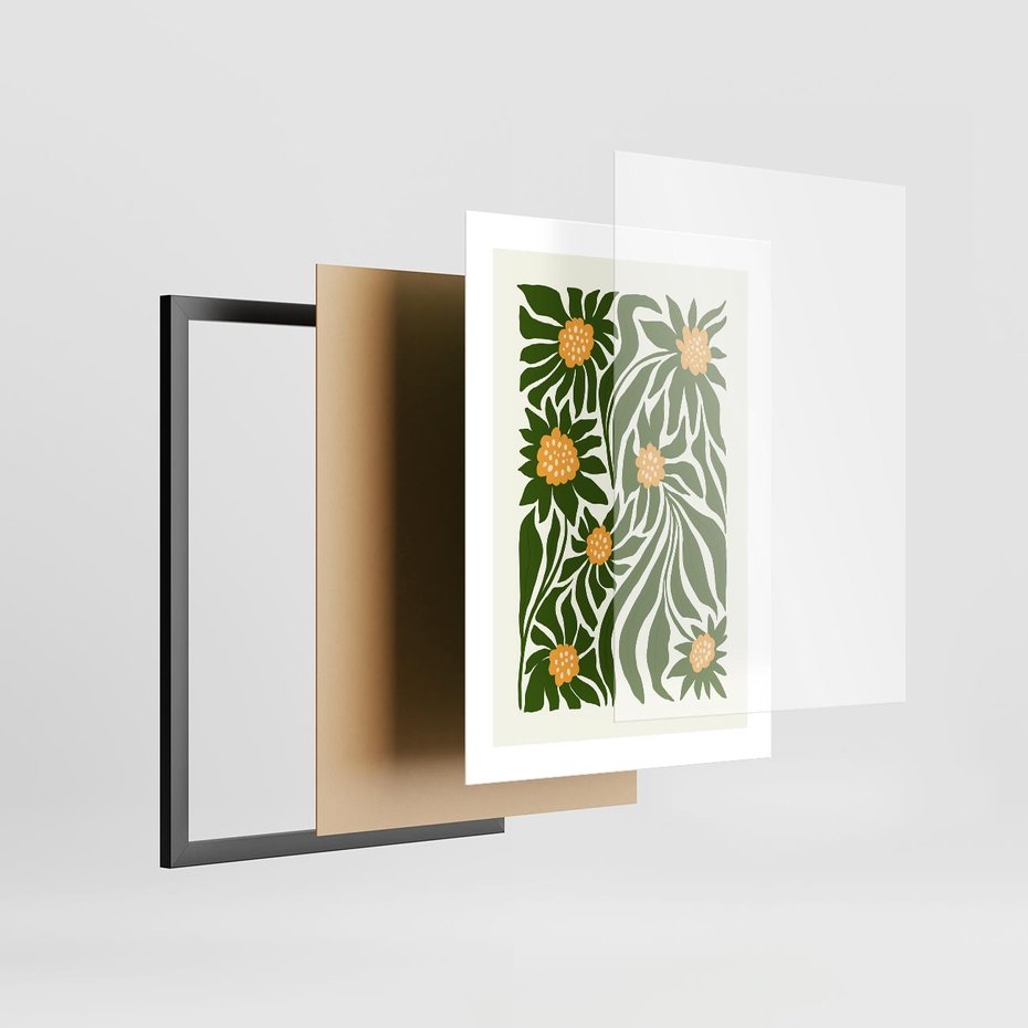 Plakat w ramie 30x40 - Spojrzenie wgłąb roślinnego świata - abstrakcyjne kwiaty, kompozycja - rama czarna