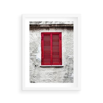 Plakat w ramie 30x40 - Okno z Czerwonymi Okiennicami - stare okno, kamienica - rama biała