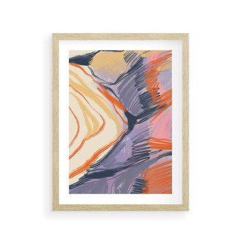 Plakat w ramie 30x40 - Pokreślony Świat - abstrakcyjne formy, odcienie pomarańczu i fioletu - rama drewno
