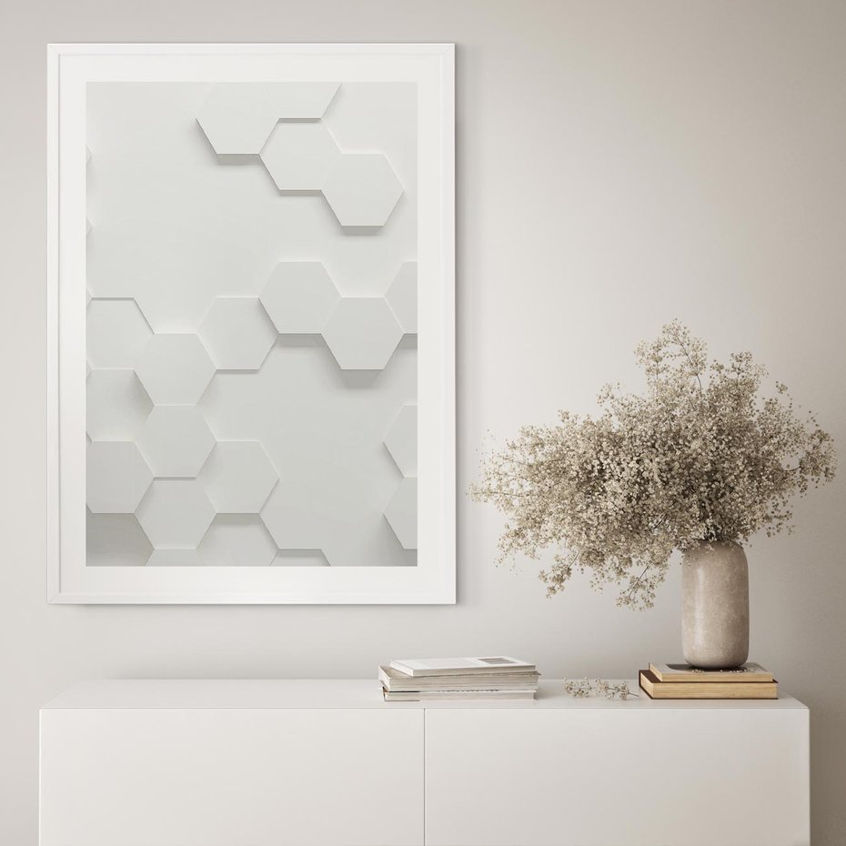 Plakat w ramie 50x70 - Przestrzenne Zabawy - geometryczne, 3D - rama biała