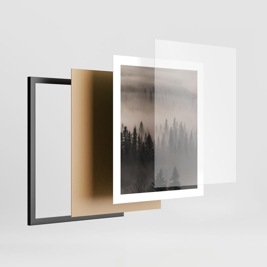 Plakat w ramie 40x50 - Mglista Opowieść Lasu - las, mgła - rama czarna
