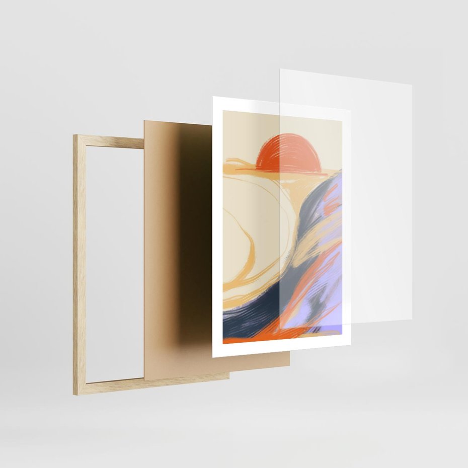 Plakat w ramie 50x70 - Pomarańczowy Horyzont - pastelowy krajobraz, nowoczesny plakat - rama drewno