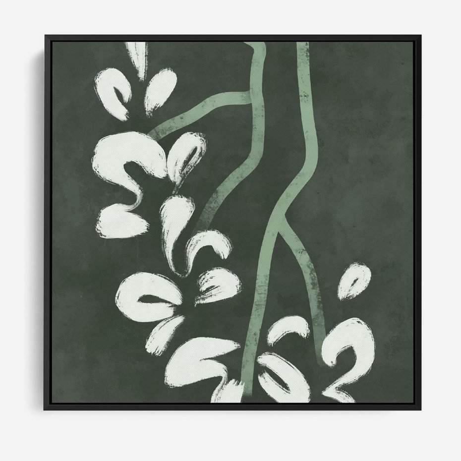 Obraz w ramie 50x50 - Rozkwitające Zielone Gałęzie - abstrakcyjne delikatne zielone linie, podobne do gałęzi kwiatów - rama czarna