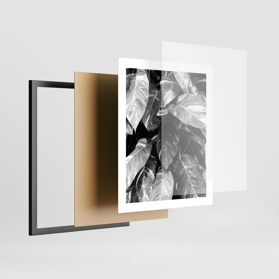Plakat w ramie 40x50 - Liście w Czarno-Białej Fotografii - liście, roślina - rama czarna