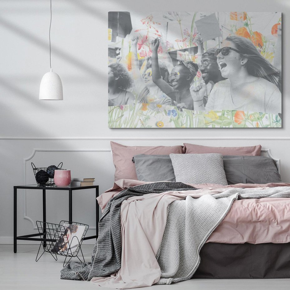 Obraz na płótnie 70x50 - Księga zaklętych marzeń - kolaż, czarnobiałe zdjęcie wesołych młodych ludzi