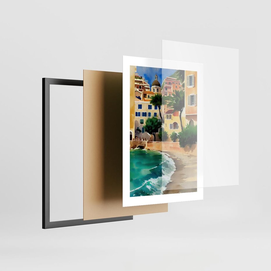 Plakat w ramie 30x40 - Zamieszkajmy Tu - akwarela, śródziemnomorski klimat - rama czarna