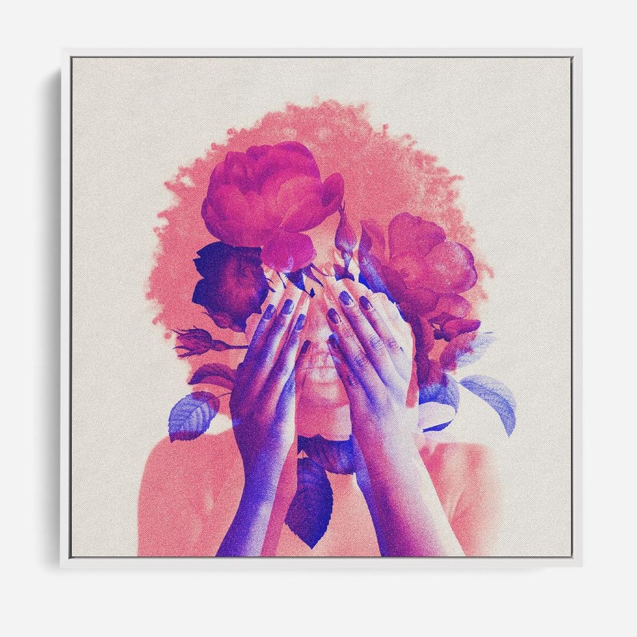 Obraz w ramie 50x50 - Kwiaty we Włosach - różowa postać, grafika - rama biała