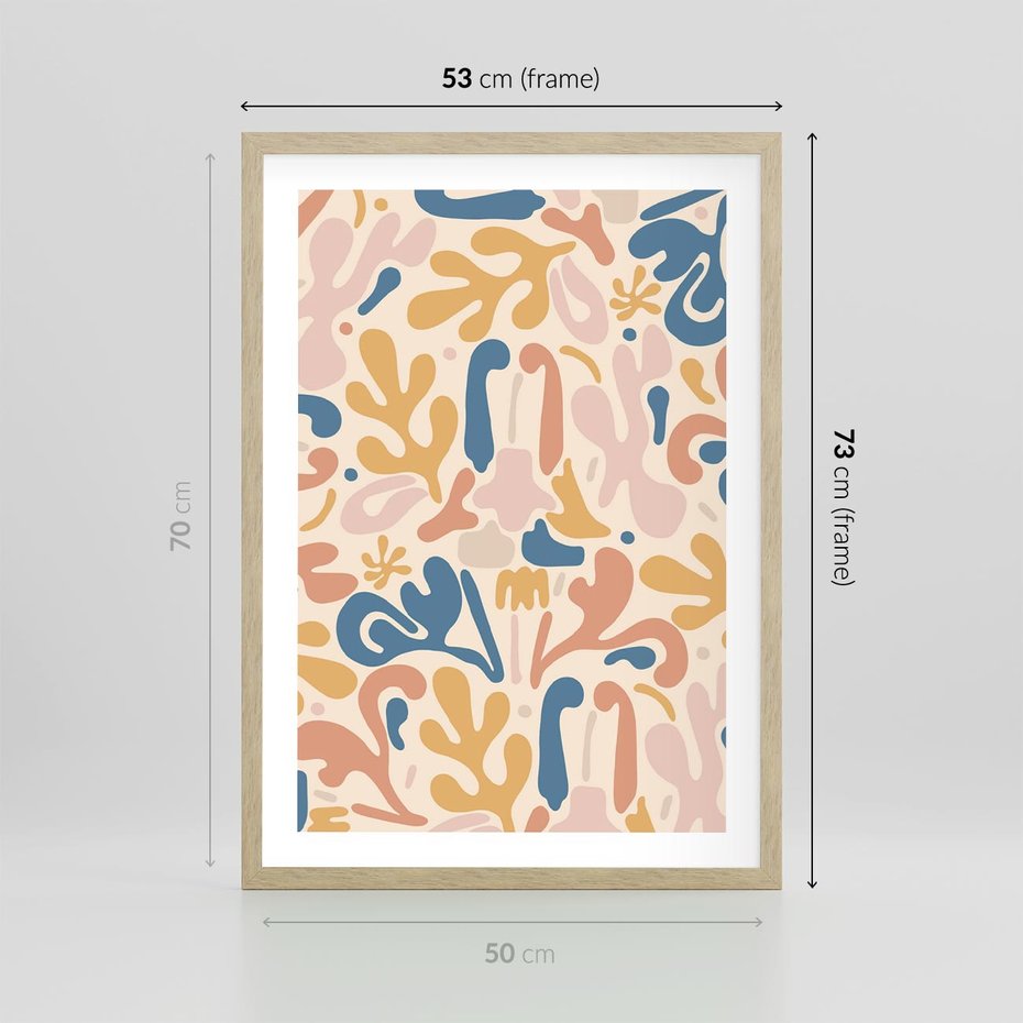 Plakat w ramie 50x70 - Symfonia Radosnych Barw - abstrakcyjne pastelowe formy, nowoczesna grafika w stylu boho - rama drewno