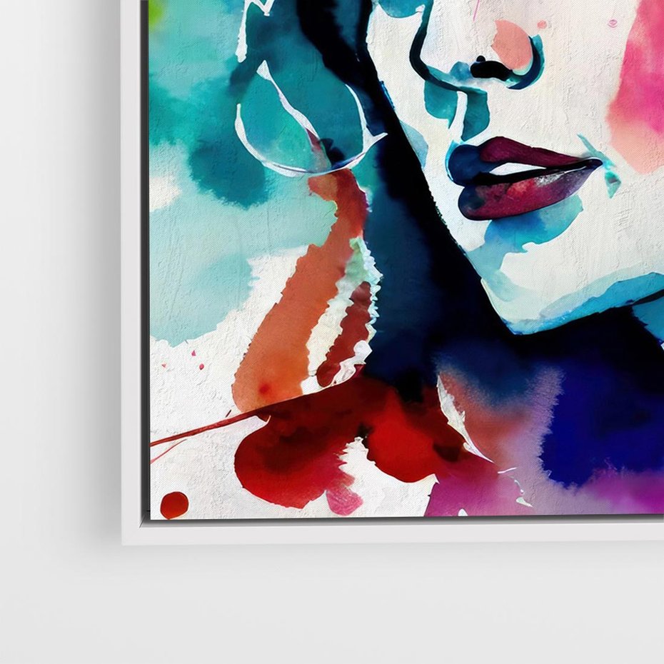 Obraz w ramie 50x50 - Abstrakcyjna ekstaza barw - abstrakcyjny portret kobiety, szkic czarną kreską - rama biała