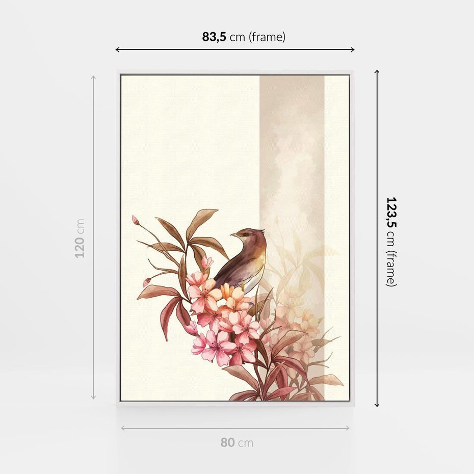 Obraz w ramie 80x120 - Kwiatowe Zanurzenie - japońska sztuka, ptak - rama biała