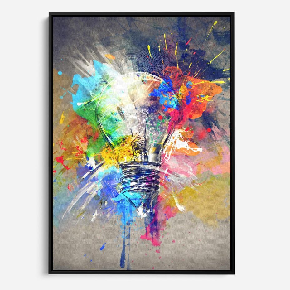 Obraz w ramie 50x70 - Kolory Kreatywnej Koncepcji - abstrakcyjna grafika, szkic żarówki - rama czarna