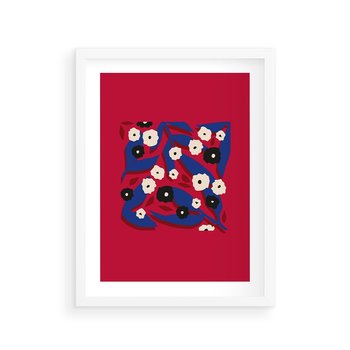 Plakat w ramie 50x70 - Kolorowe Przenikanie - abstrakcyjna kwiatowa kompozycja, czerwone mocne tło - rama biała