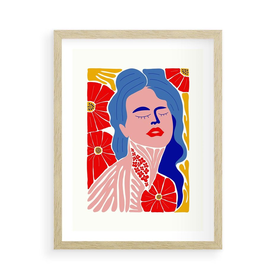 Plakat w ramie 50x70 - Nowoczesna Twarz - nowoczesna grafika, kolorowa twarz kobiety - rama drewno