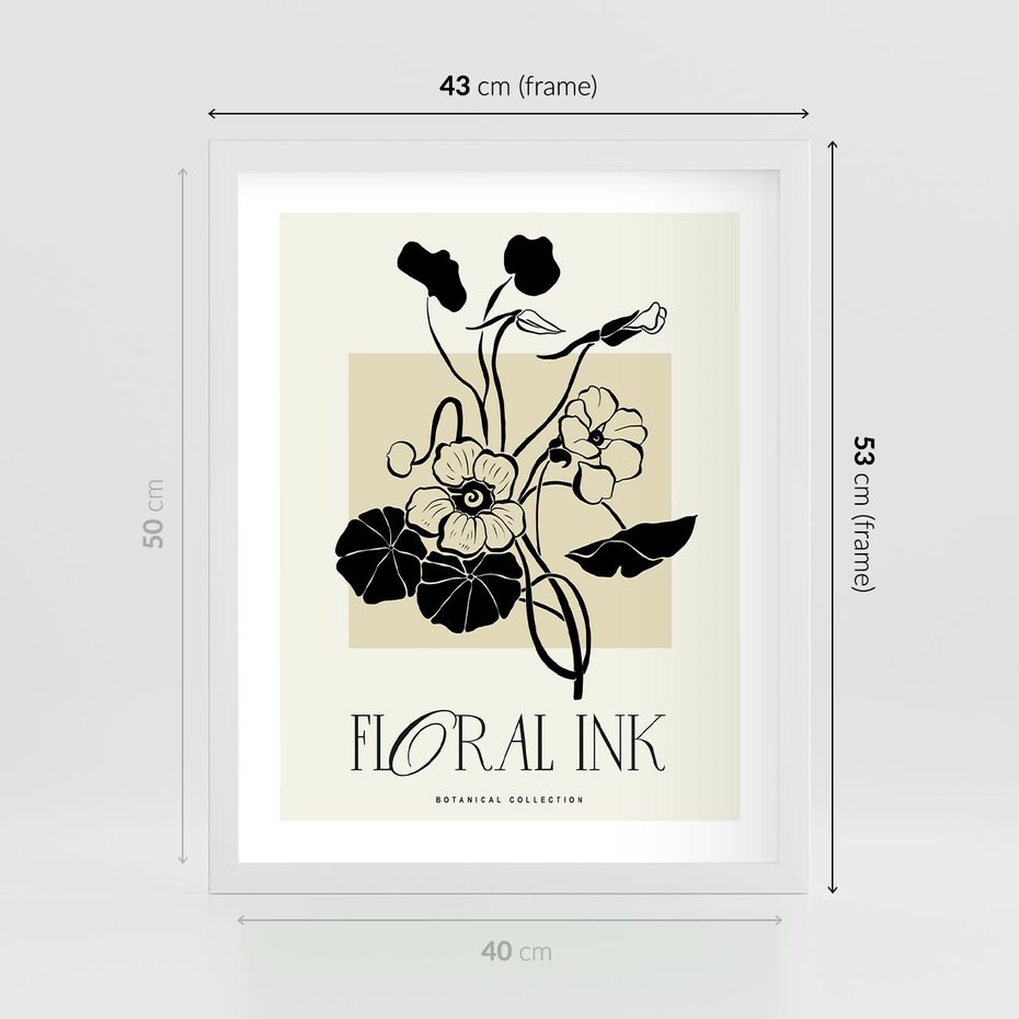 Plakat w ramie 40x50 - Podróż linii kwiatowego czasu - kwiaty, typografia - rama biała