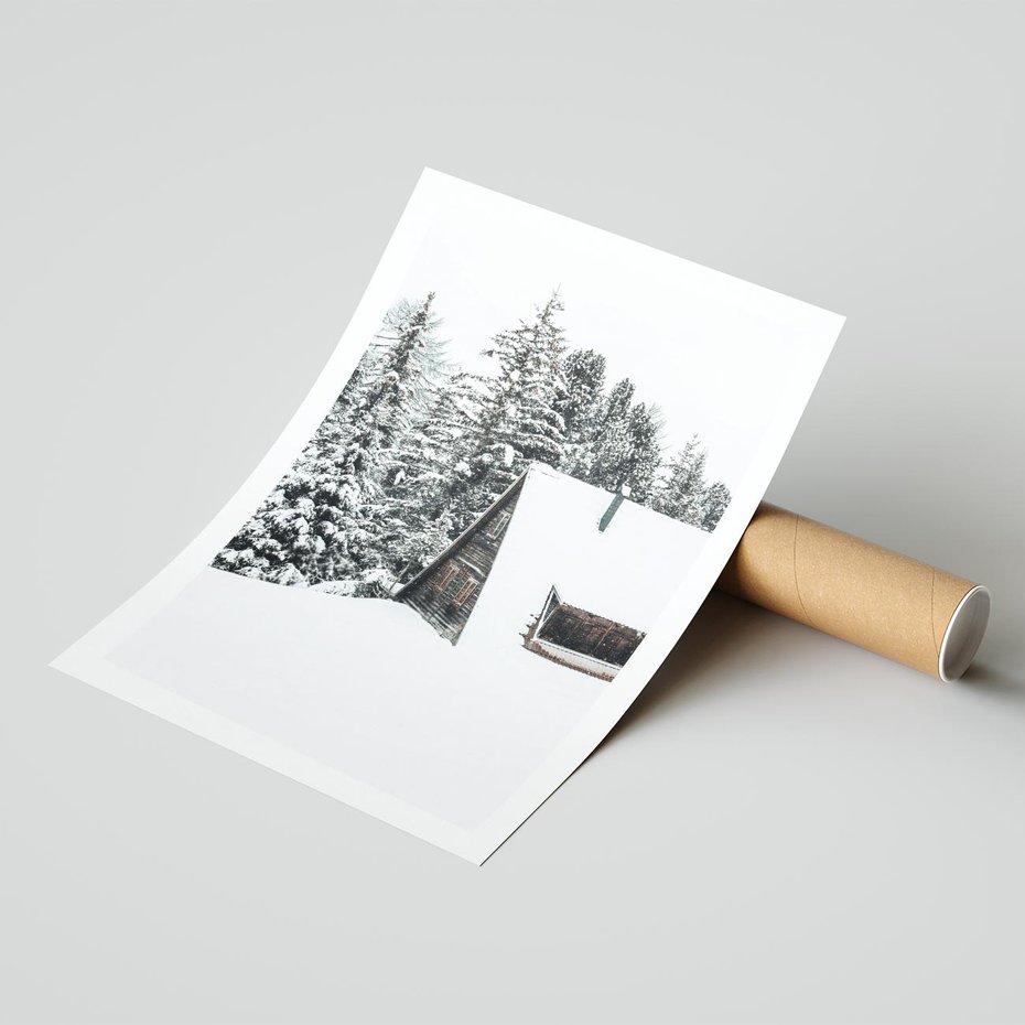 Plakat bez ramy 30x40 - Zimowy Urok - śnieg, domek w górach