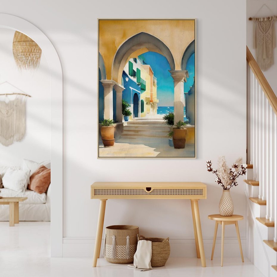 Obraz w ramie 70x100 - Nadmorskie Łuki - akwarela, śródziemnomorski klimat - rama drewno