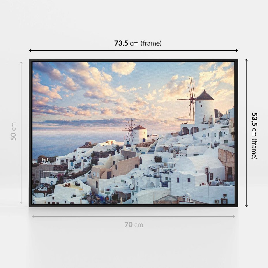 Obraz w ramie 70x50 - Biel ponad Błękitem - Santorini, białe budynki - rama czarna