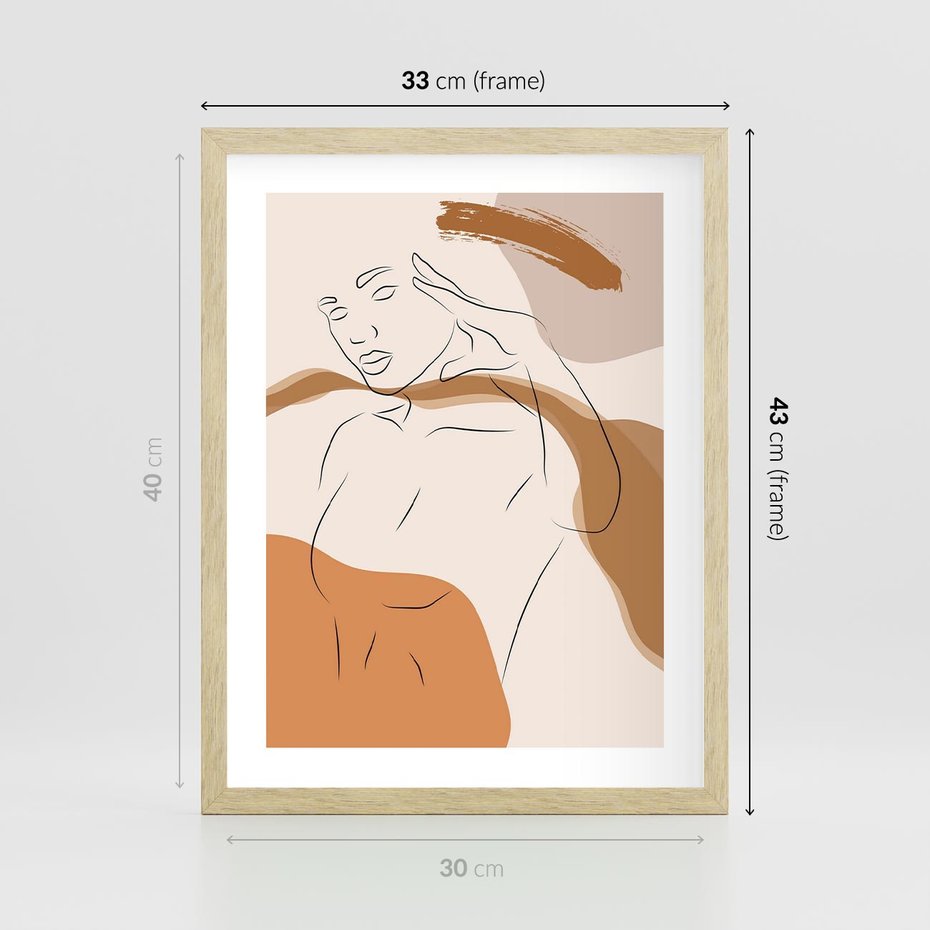 Plakat w ramie 30x40 - Sztuka Piękna w Beżach i Brązach - szkic jedną linią, naga kobieta - rama drewno