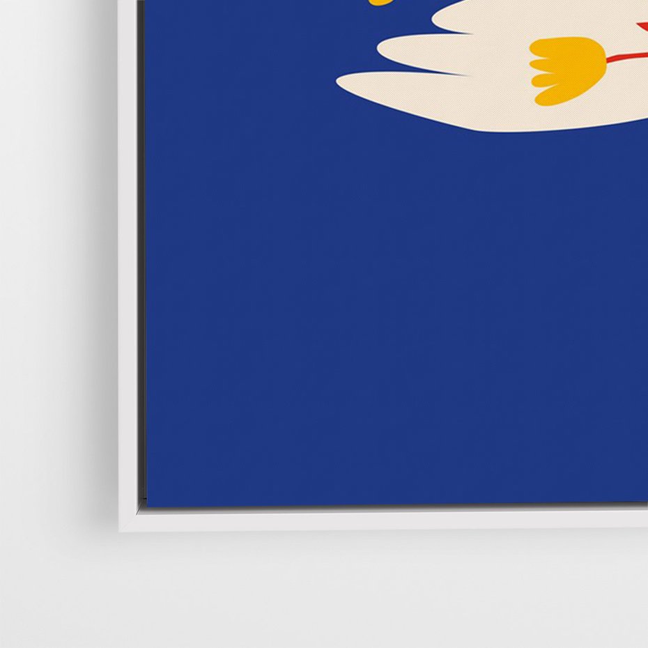 Obraz w ramie 50x70 - Bezgraniczne Widoki - niebieskie tło, abstrakcyjny biały ptak - rama biała