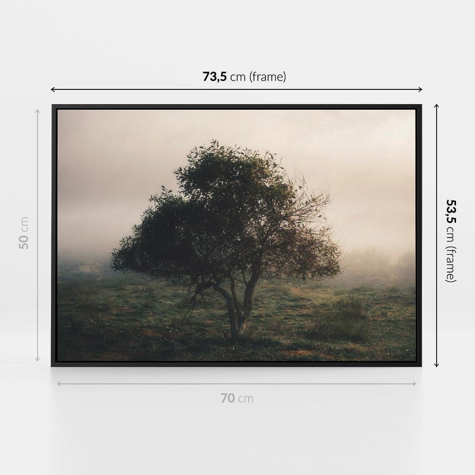 Obraz w ramie 70x50 - Zamglona Prostota - artystyczna fotografia, samotne drzewo na zamglonej łące - rama czarna