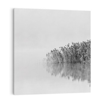 Obraz na płótnie 40x40 - Mglisty Brzeg Jeziora - czarno białe zdjęcie, zamglone jezioro