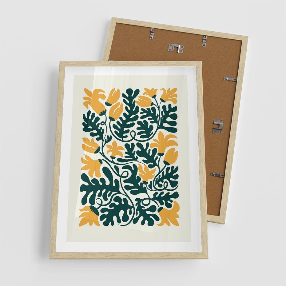 Plakat w ramie 50x70 - Impulsy Kreatywności - abstrakcyjne żółte kwiaty, kompozycja - rama drewno