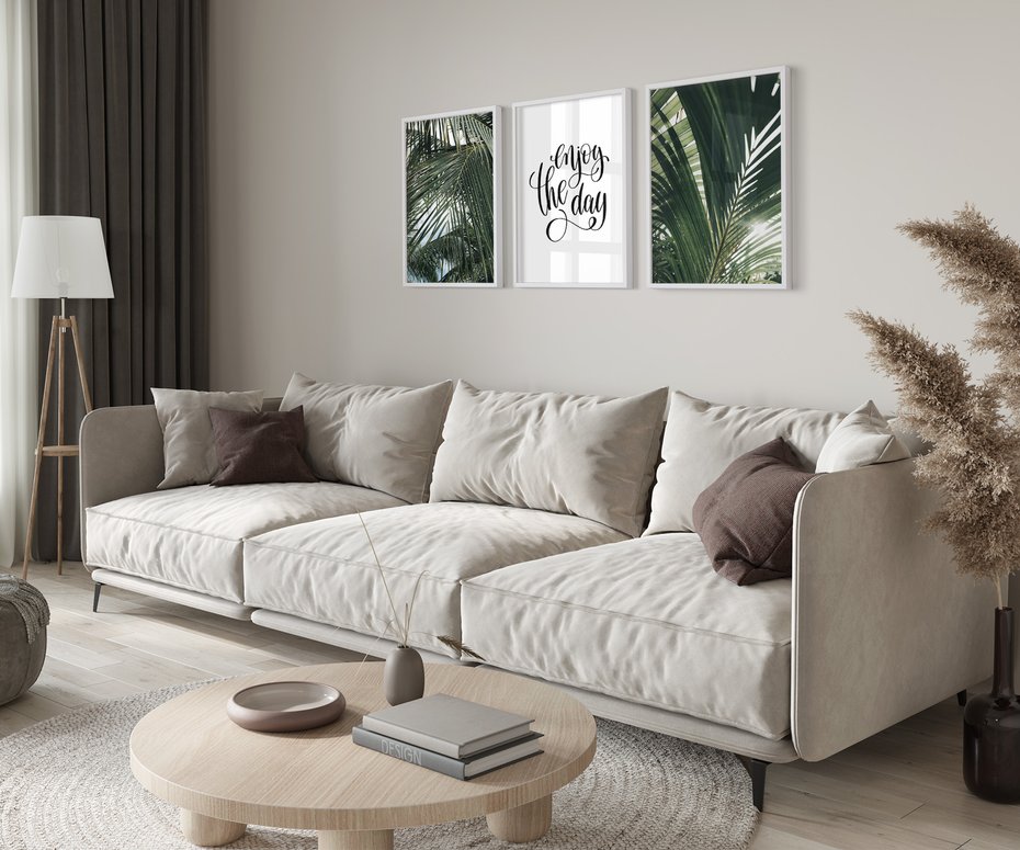 Zestaw obrazy w ramie 50x70 galeria - Palmy, pozytywe, myślenie - rama biała