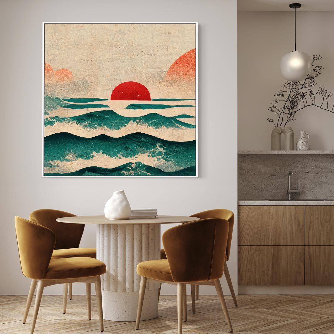 Obraz w ramie 50x50 - Czerwone Melodie - japońska sztuka, zachód słońca nad oceanem - rama biała