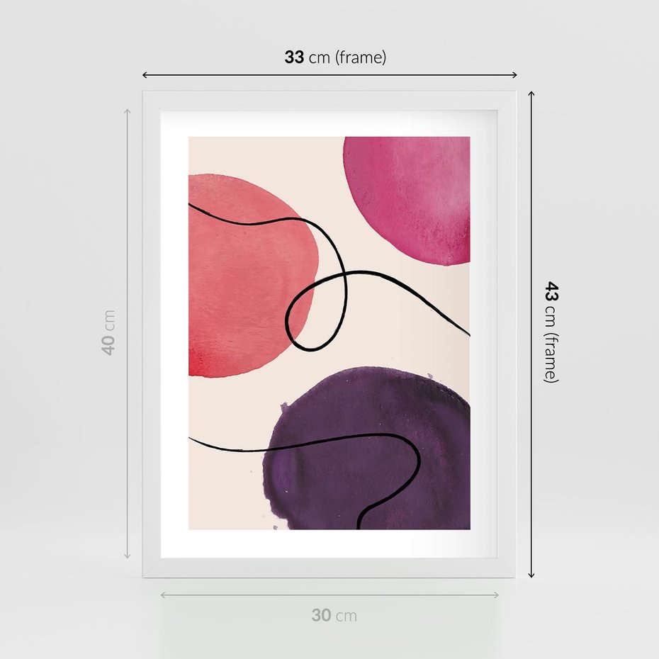 Plakat w ramie 30x40 - Migoczące Echo - abstrakcyjne akwarelowe plamy, nieregularne linie - rama biała