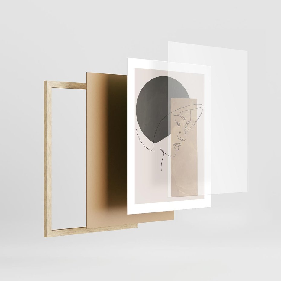 Plakat w ramie 30x40 - Jedną Linią: Kobieca Twarz - abstrakcja, plamy w tle - rama drewno