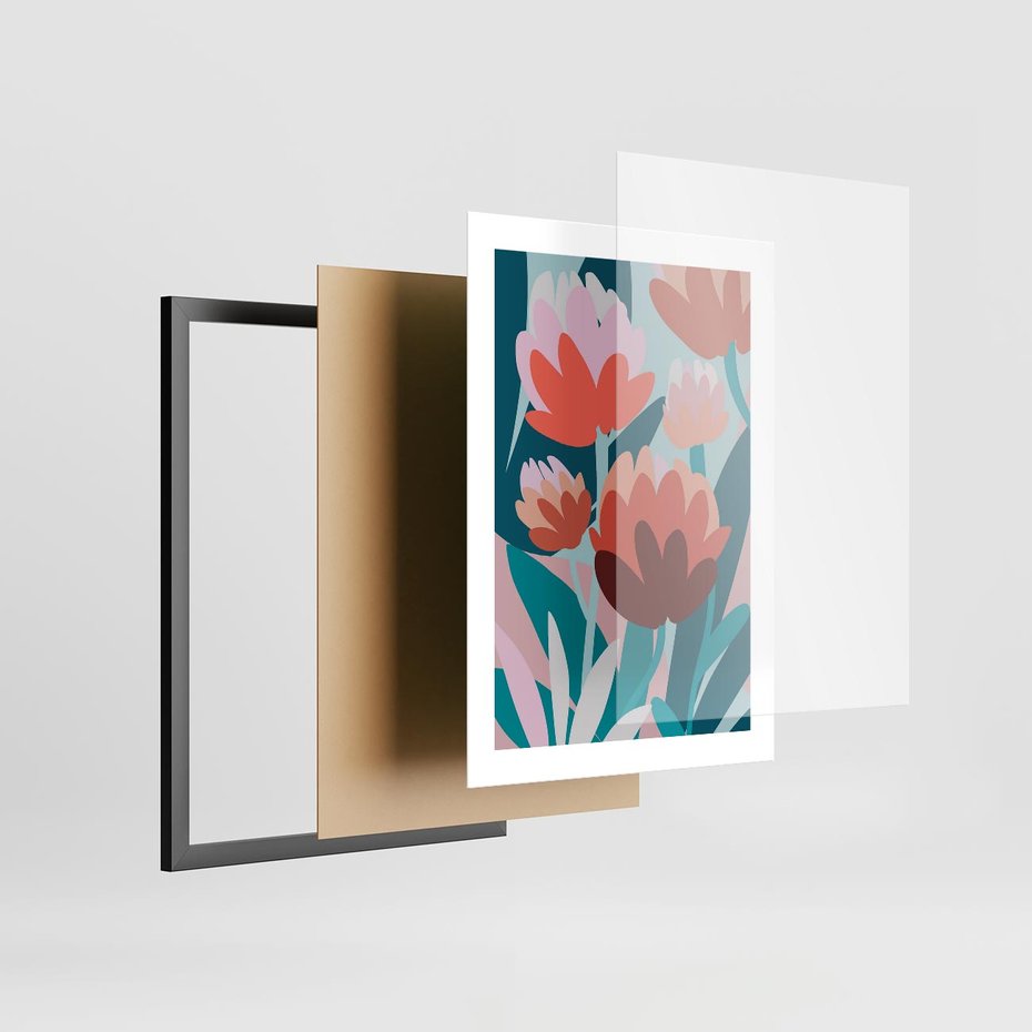Plakat w ramie 30x40 - Symfonia Kwiatów - abstrakcyjna kompozycja kwiatowych form, kolor zgaszone - rama czarna