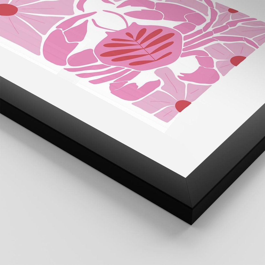 Plakat w ramie 50x70 - Roztańczone Kraby - różowe kwiaty i kraby, abstrakcyjna kompozycja - rama czarna