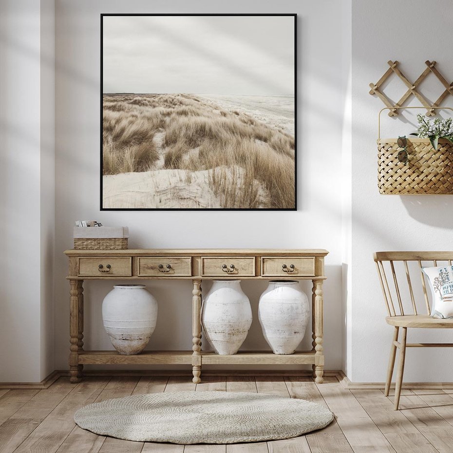 Obraz w ramie 50x50 - Nadmorskie Wydmy - fotografia, kolory sepii - rama czarna