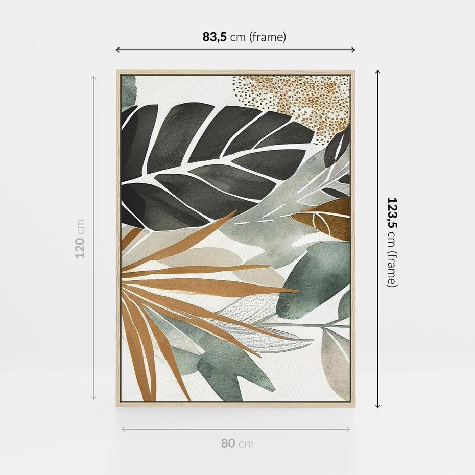 Obraz w ramie 80x120 - Współbrzmienie wewnętrznego ja - kompozycja z tropikalnych liści, stonowane kolory - rama drewno