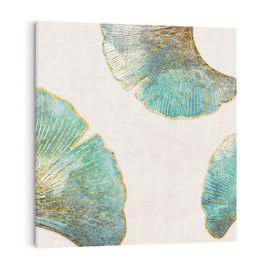 Obraz na płótnie 70x70 - Złota Melodia Liści - złote, turkusowe liście miłorzębu