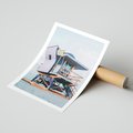 Plakat bez ramy 40x50 - Plażowa Kolorystyka: Budka Ratownika w Pastelach - pastelowa budka ratownika, plaża Miami