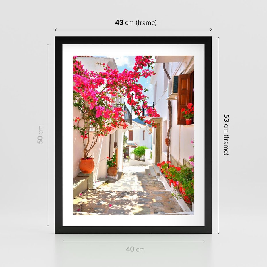 Plakat w ramie 40x50 - Kwiatowa uliczka wakacji - kwiaty, uliczka - rama czarna
